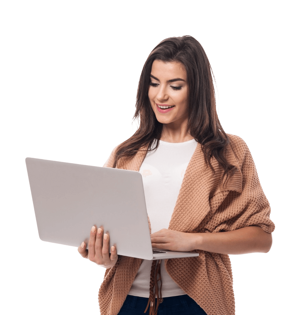  Dubai Company Setup - Woman in a beige cardigan holding a laptop, standing against a black background.