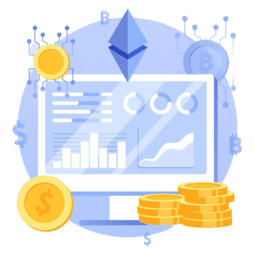 Dubai Company Setup - Illustration of a computer monitor displaying graphs with cryptocurrency symbols, like Ethereum, and stacks of coins.