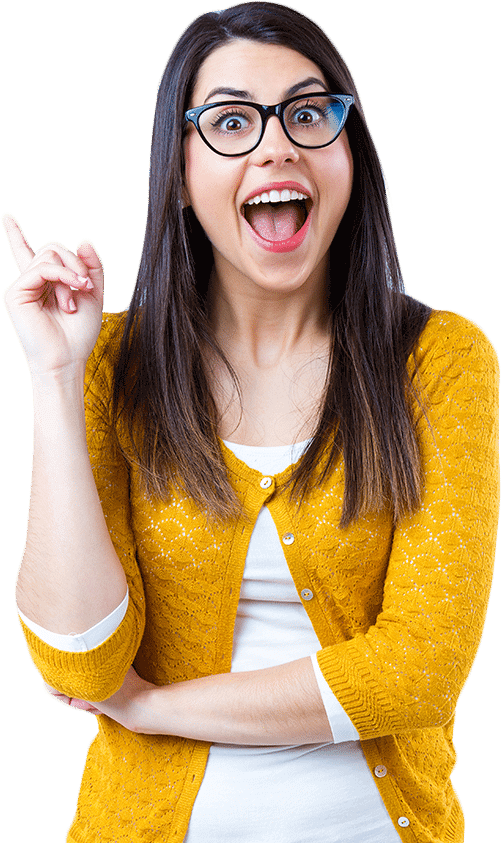 Dubai Company Setup - Woman in a yellow cardigan gesturing with her index finger, on a black background.