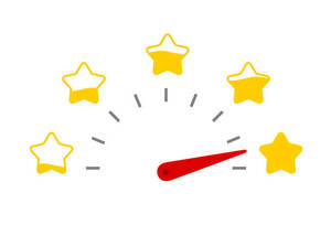 Dubai Company Setup - Speedometer with red needle pointing to five yellow stars, indicating a top rating or high speed.