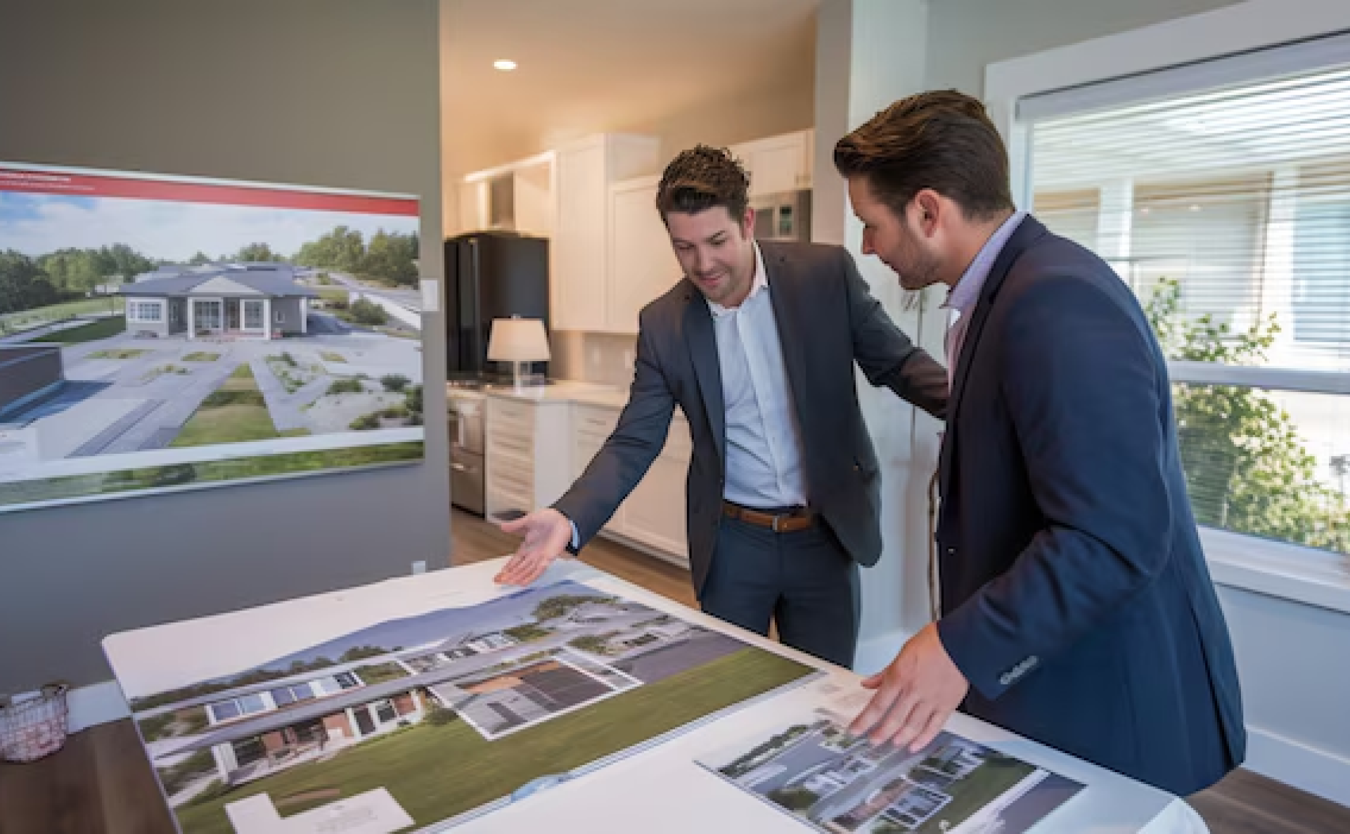 Real Estate Developer Company in Dubai - Two men in suits discussing architectural plans on a table. 