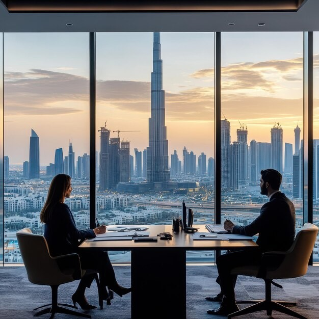 starting a business in Dubai - Two professionals in silhouette during a meeting, with a city skyline at sunset visible through the window.